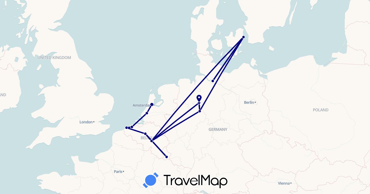 TravelMap itinerary: driving in Belgium, Germany, Denmark, Luxembourg, Netherlands (Europe)